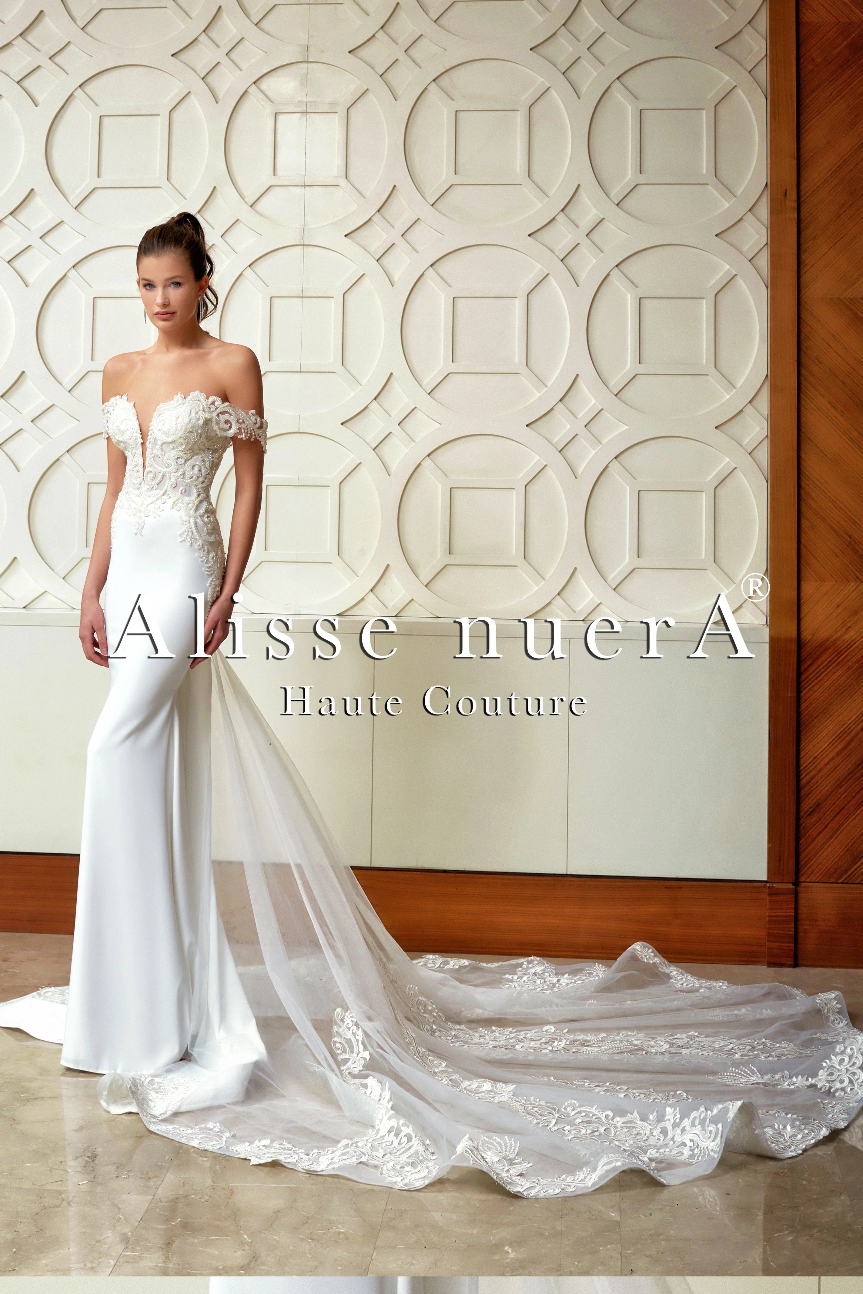 Wedding dress suits your personality fun--Off Shoulder Applique Lace Fishtail Bridal Gown with Train