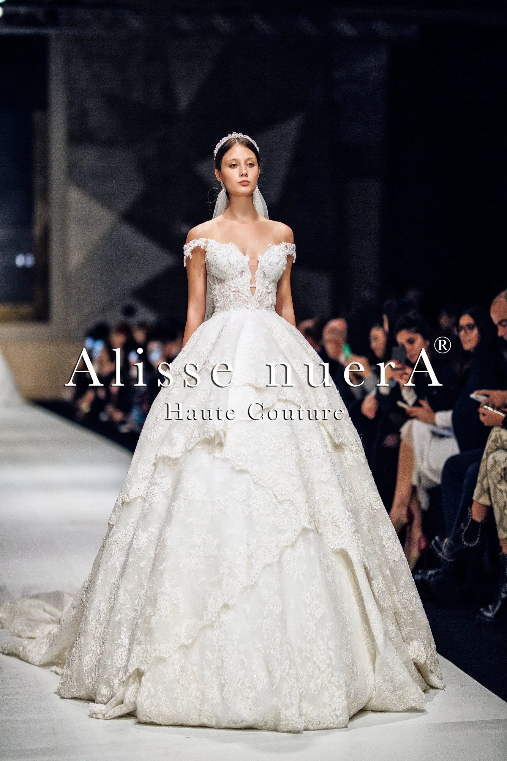 Wedding dress with sequins and sparkle night--Off Shoulder Lace Fabric Layered Skirt A Line Wedding Dress