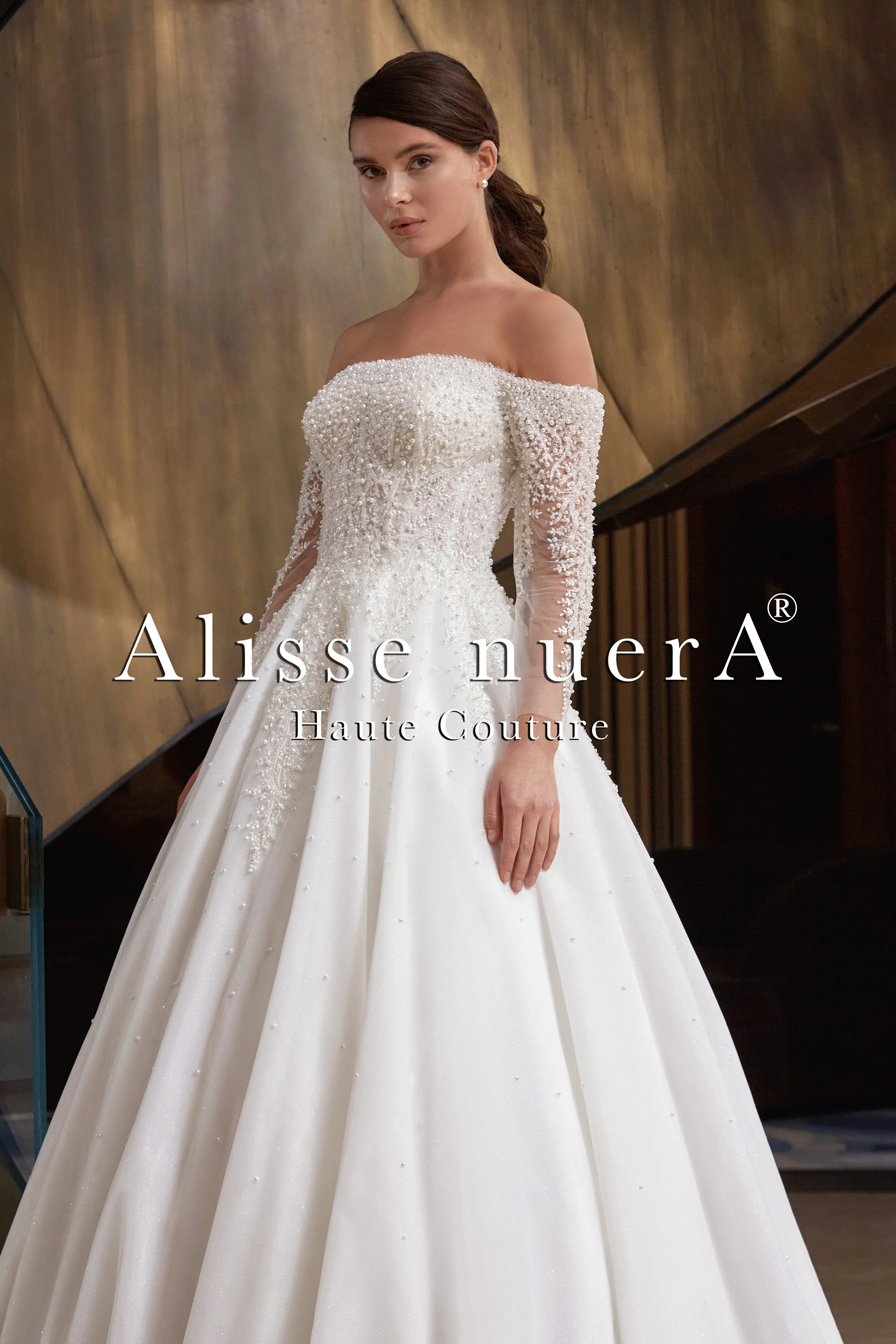 Wedding dress high-quality materials joy--Off Shoulder Pearl Beaded Wedding Dress with Transparent Sleeve Wedding dress high-quality materials joy--Off Shoulder Pearl Beaded Wedding Dress with Transparent Sleeve