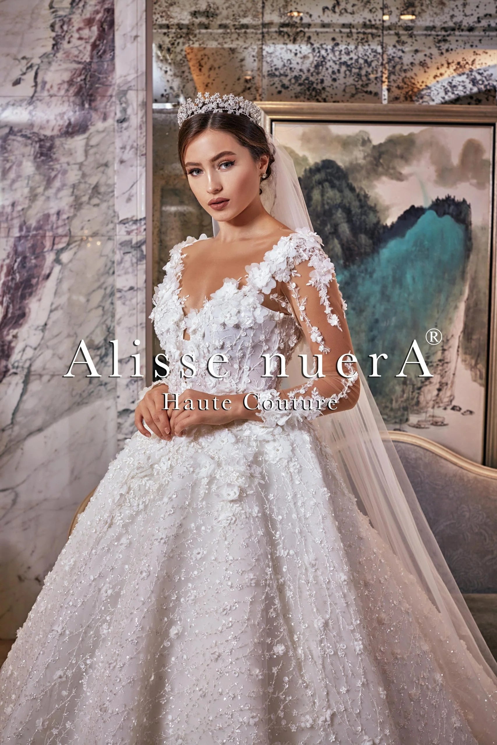 Dress for wedding sophisticated look elegant--Off White 3D Floral Wedding Gown with Long Sleeve Dress for wedding sophisticated look elegant--Off White 3D Floral Wedding Gown with Long Sleeve