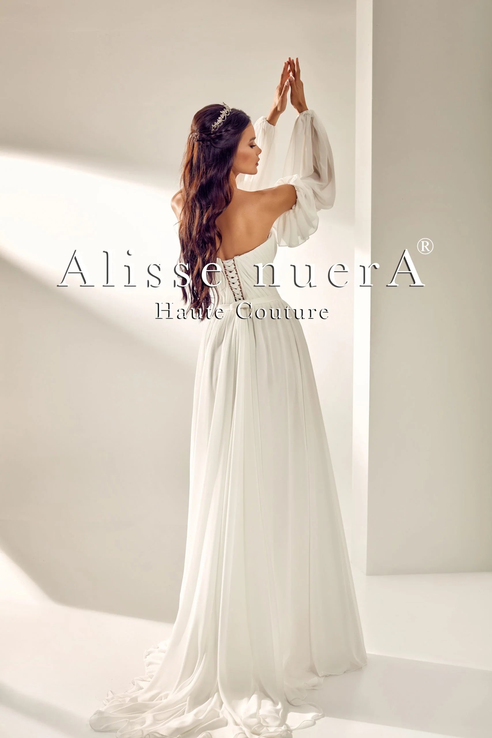 Wedding dress in velvet fabric winter night--Off White Chiffon Wedding Dress with Leg Slit