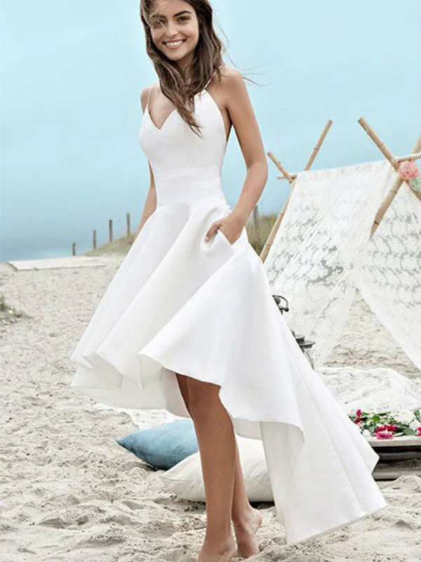 Wedding dress accentuates curves really--Off White Satin Spaghetti Strap High Low Beach Wedding Dresses, AB1547 Wedding dress accentuates curves really--Off White Satin Spaghetti Strap High Low Beach Wedding Dresses, AB1547