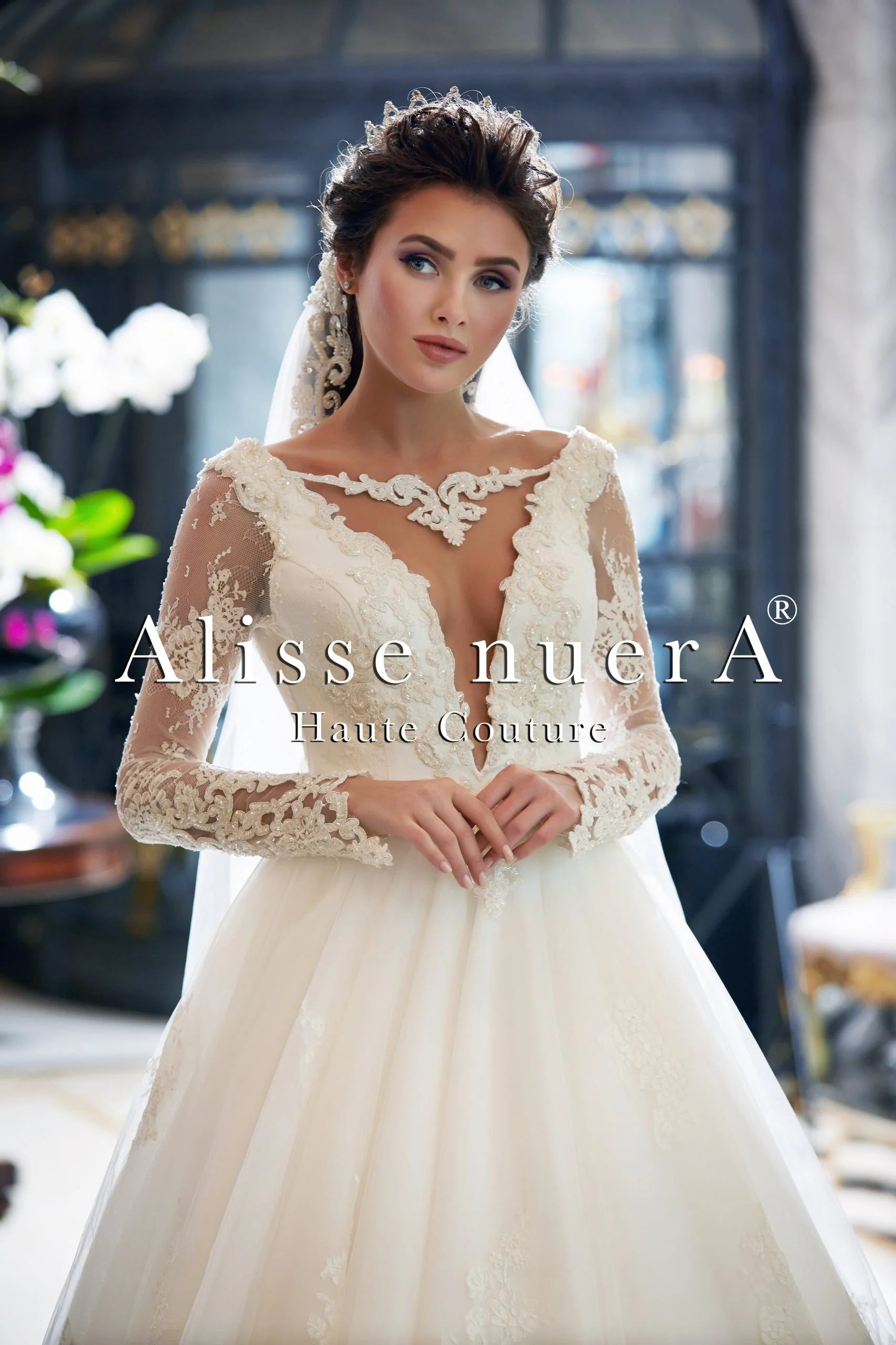 Wedding dress that's show-stopping now wow--Plunging A Line Bridal Dress Embellished with Lace Appliques and Bridal Veil Wedding dress that's show-stopping now wow--Plunging A Line Bridal Dress Embellished with Lace Appliques and Bridal Veil