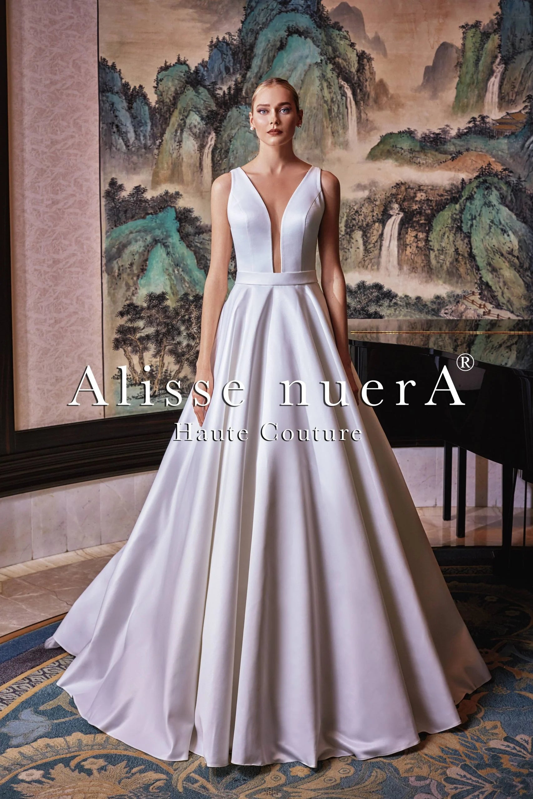 Wedding dress with boots alternative now--Plunging Satin Off-White Wedding Dress