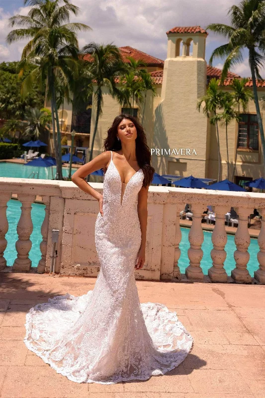 Wedding dress made in USA support small--Primavera Bridal 11110 - Embroidered Plunging Neck Dress Wedding dress made in USA support small--Primavera Bridal 11110 - Embroidered Plunging Neck Dress