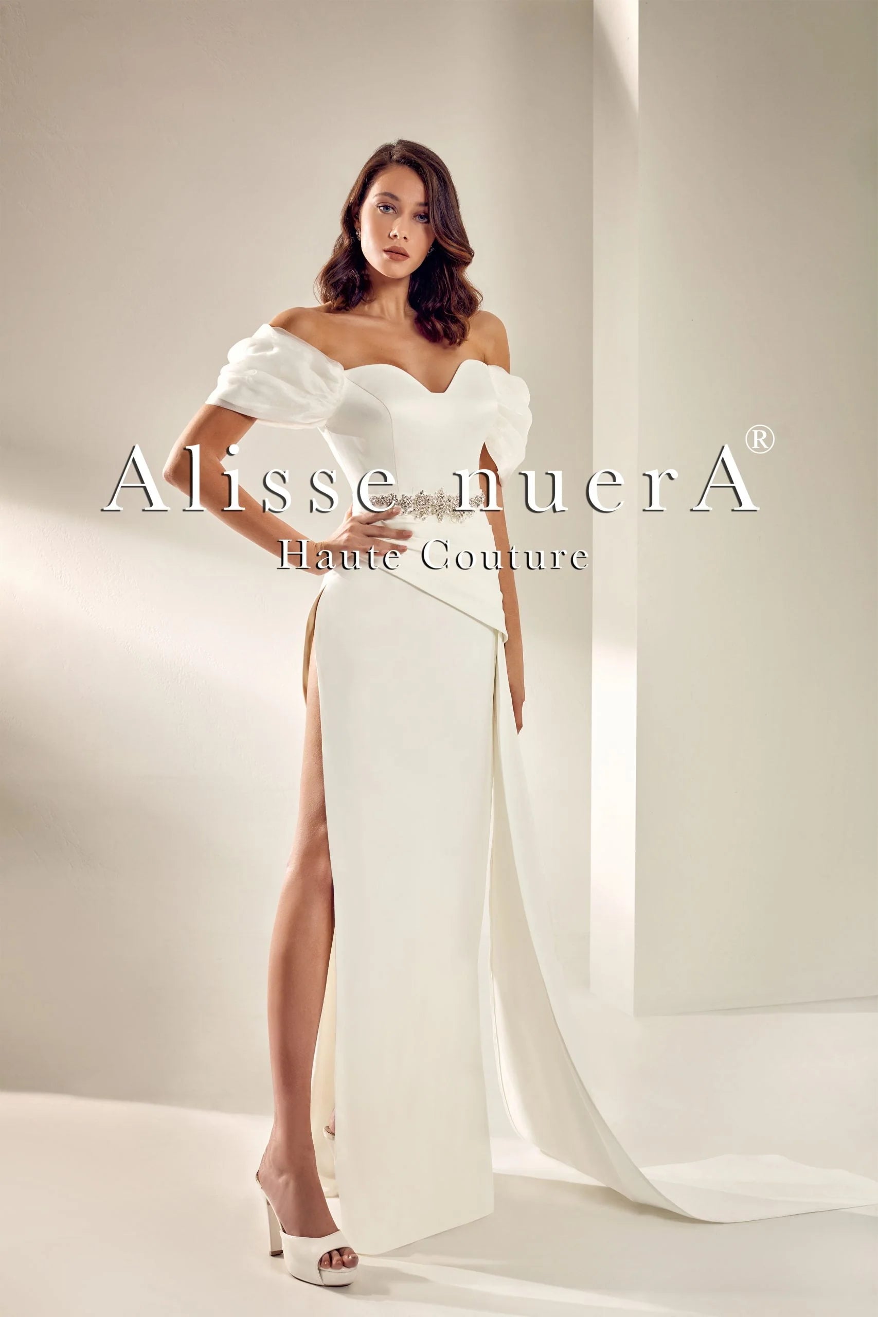 Wedding dress to flatter plus size brides look--Puff Sleeve Satin Sheath Wedding Dress Off Shoulder Wedding dress to flatter plus size brides look--Puff Sleeve Satin Sheath Wedding Dress Off Shoulder
