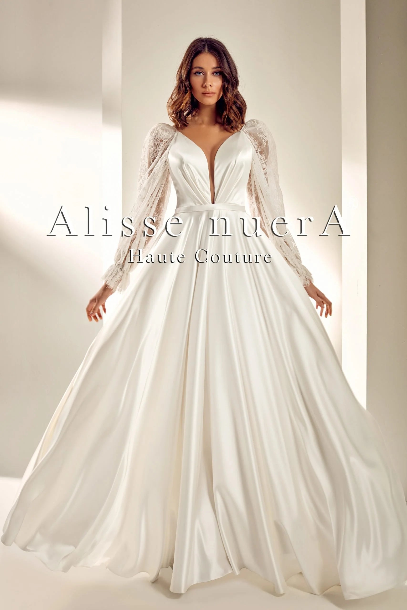 Wedding dress that hides belly fat styles tips--Satin Ivory A Line Cut Bridal Dress with Lace Puff Sleeve