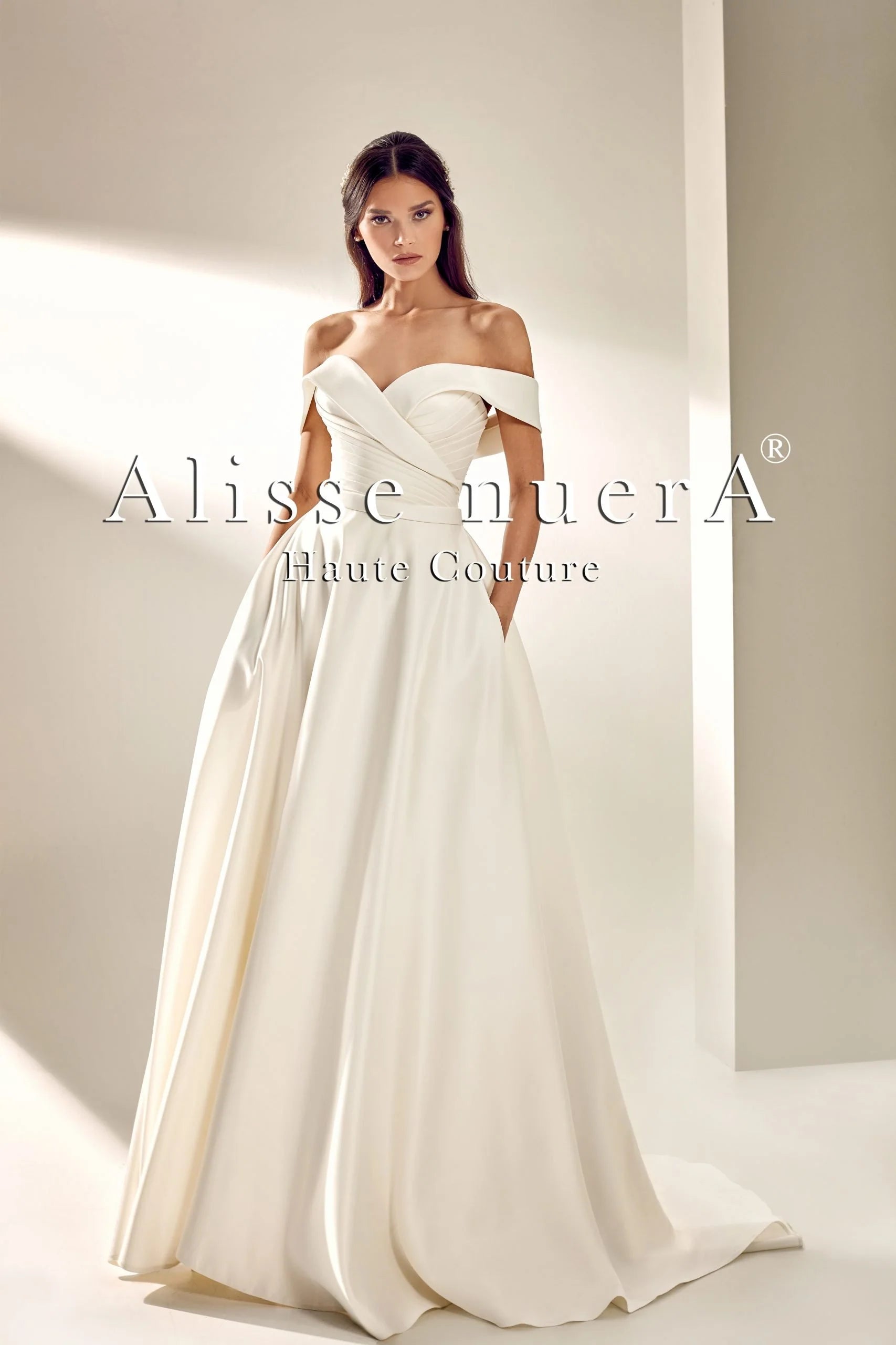 Wedding dress that is versatile after party--Satin Sweetheart Off Shoulder Draped Wrap Around Wedding Dress