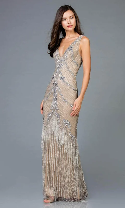 Dress for a Christmas wedding winter style now--Scala - 48951 Fringe Embellished V-Neck Evening Dress