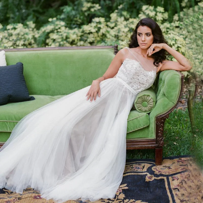 Wedding dress: day to night party style--See Through Neckline Lace Top Tulle A-line Wedding Dresses, AB1170 Wedding dress: day to night party style--See Through Neckline Lace Top Tulle A-line Wedding Dresses, AB1170