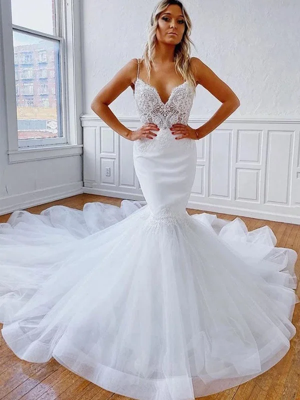 Wedding dress with a midi length retro chic--Sexy Spaghetti Strap V-neck Backless Lace Top Mermaid Trail Long Wedding Dress, WD3043 Wedding dress with a midi length retro chic--Sexy Spaghetti Strap V-neck Backless Lace Top Mermaid Trail Long Wedding Dress, WD3043