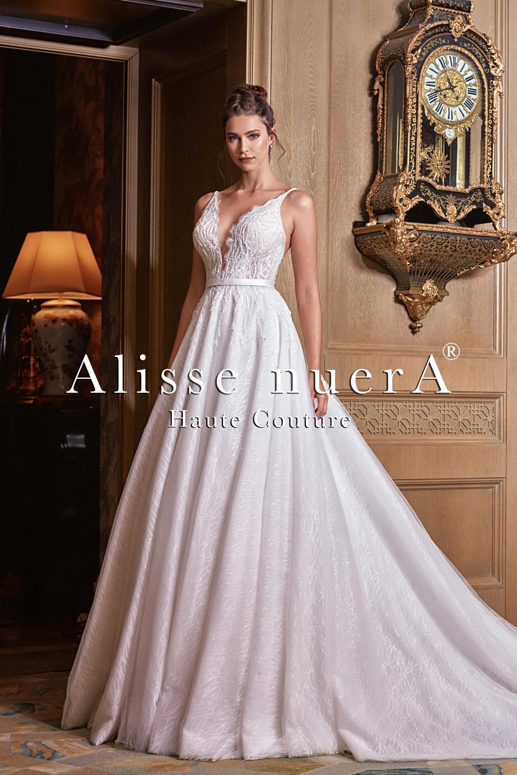 Dress for wedding winter season indoor look--Shiny A Line Lace Bridal Dress with Sparkly Tulle Skirt