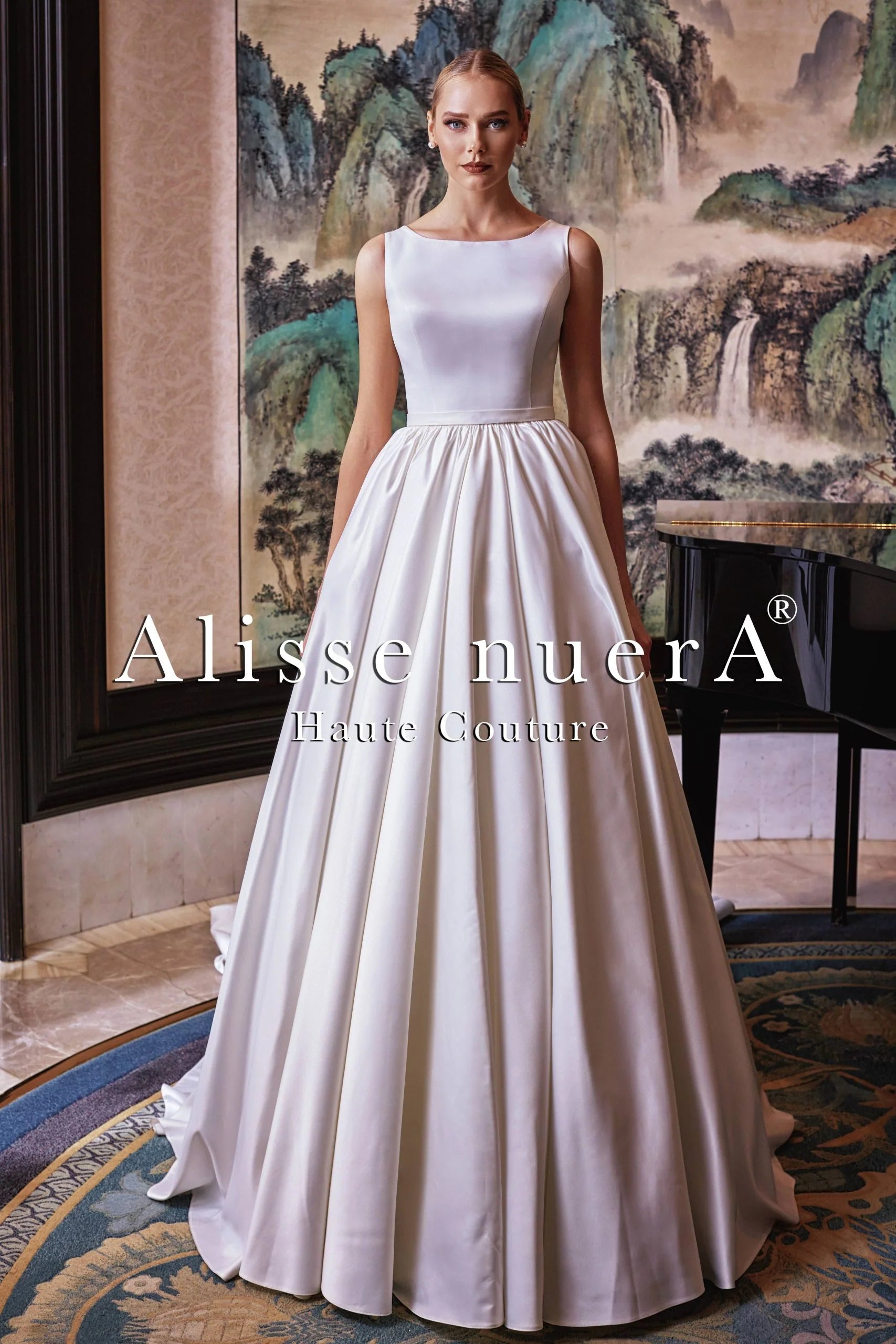 Wedding dress hourglass figure ideal fit--Simple Boat Neck Satin Pleated Wedding Dress with Long Train Wedding dress hourglass figure ideal fit--Simple Boat Neck Satin Pleated Wedding Dress with Long Train