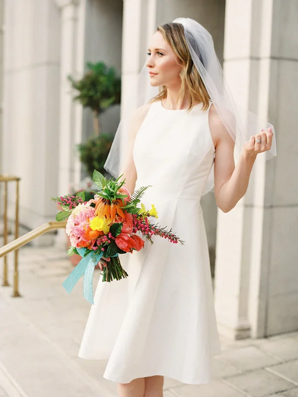 Wedding dress casual gathering lovely--Simple Elegant Ivory Satin Open Back Round Neck Short Wedding Dresses, AB1546 Wedding dress casual gathering lovely--Simple Elegant Ivory Satin Open Back Round Neck Short Wedding Dresses, AB1546