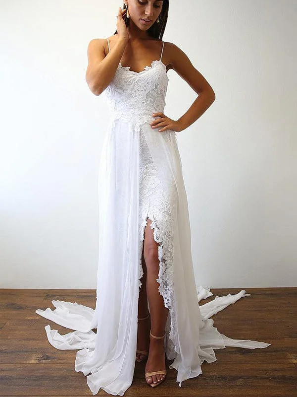 Wedding dress beach party themes best--Spaghetti Strap Lace Chiffon Slits Boho Beach Wedding Dresses, AB1544 Wedding dress beach party themes best--Spaghetti Strap Lace Chiffon Slits Boho Beach Wedding Dresses, AB1544