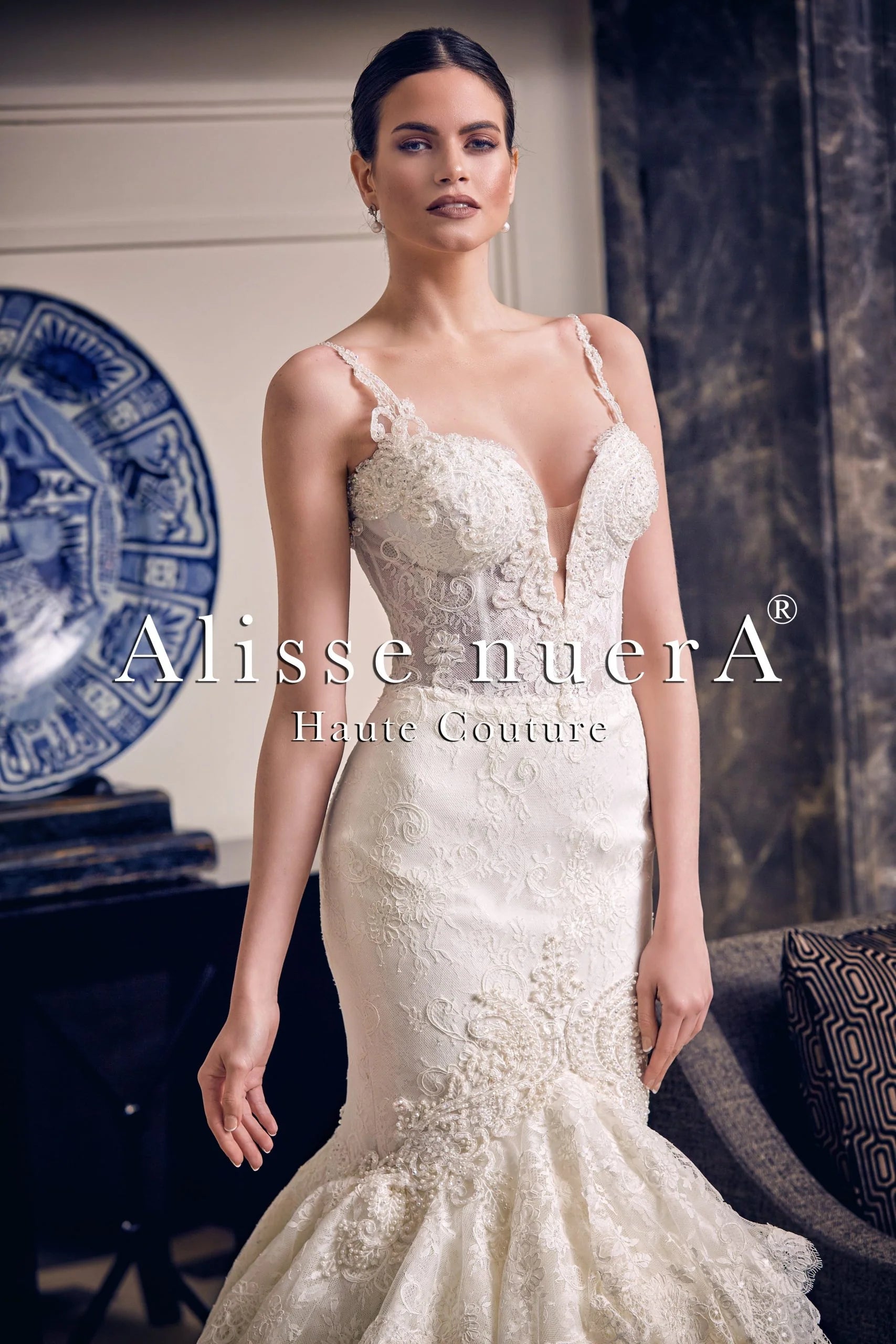 Wedding dress strapless design classic--Spaghetti Strap Plunging Wedding Gown with Lace Appliqued Ruffle Skirt