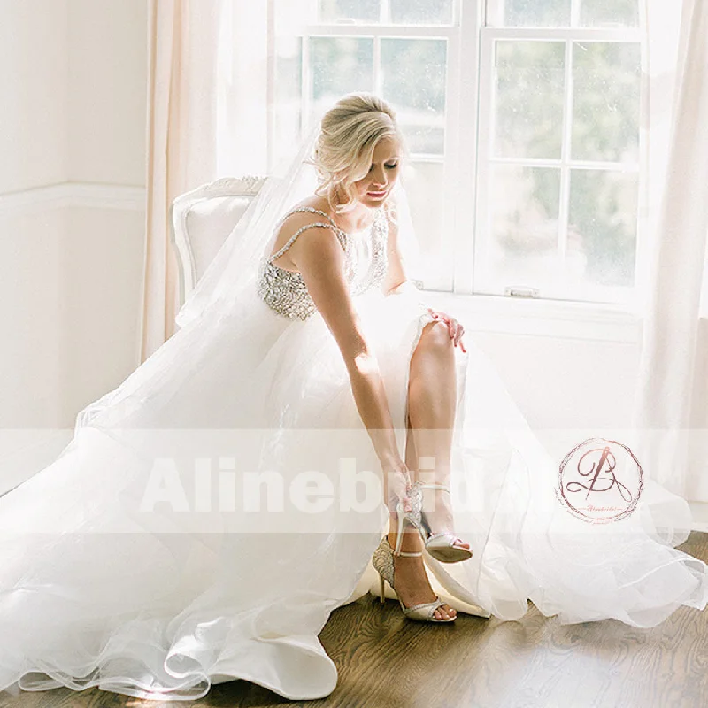 Wedding dress that is easy to move around--Sparkly Silver Bead Rhinestone Spaghetti Straps Ruffles Ball Gown Wedding Dresses, AB1161 Wedding dress that is easy to move around--Sparkly Silver Bead Rhinestone Spaghetti Straps Ruffles Ball Gown Wedding Dresses, AB1161