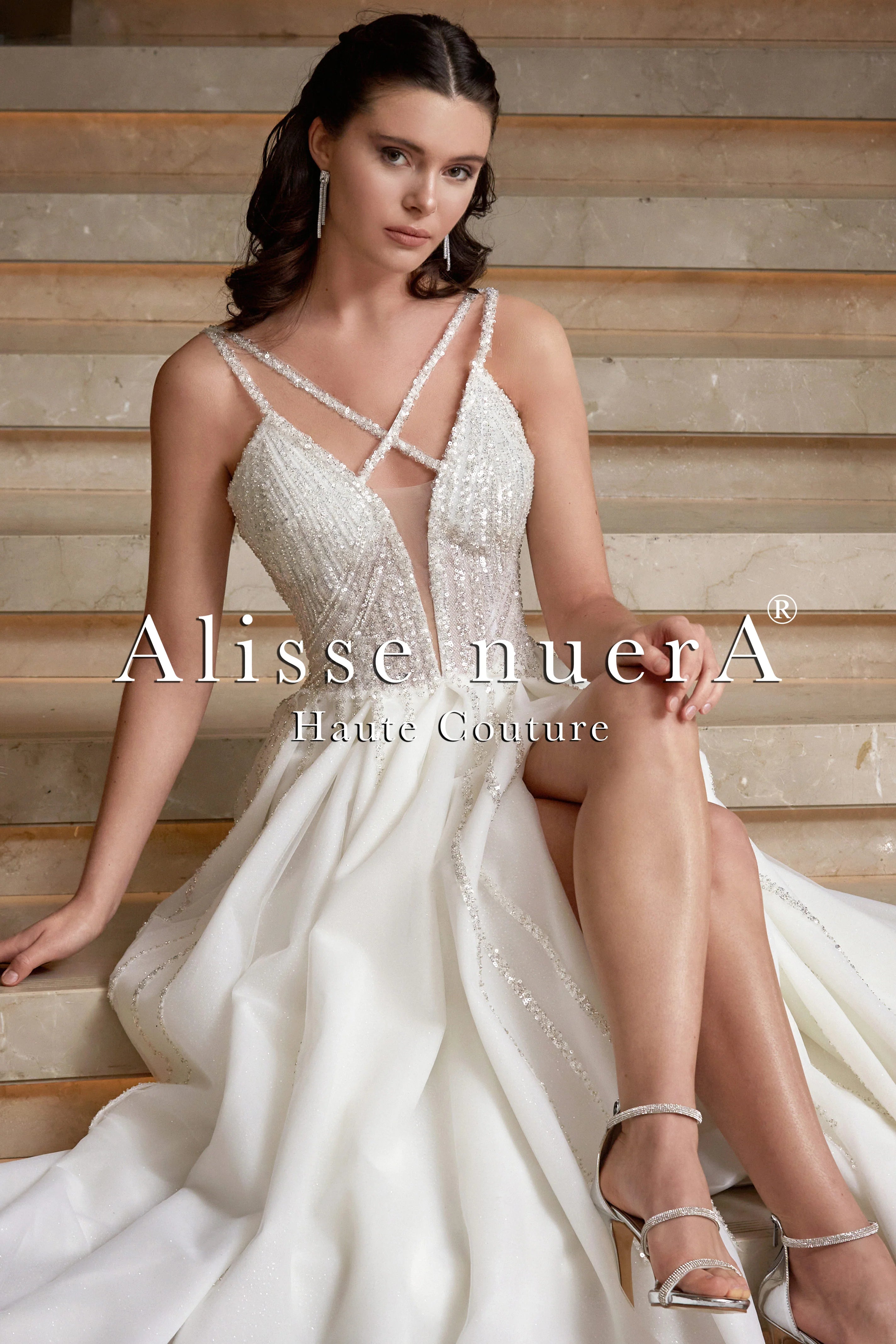 Dress for wedding themed event costume fun--Strappy Sparkling Slit Empire Waist Wedding Dress Model