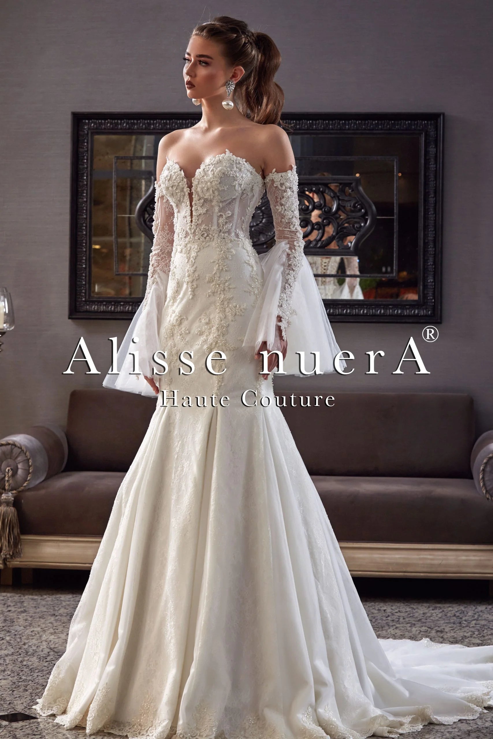 Wedding dress for a garden wedding theme--Sweetheart Floral Lace Mermaid Bridal Dress 2 in 1 Look With Detachable Long Sleeve Wedding dress for a garden wedding theme--Sweetheart Floral Lace Mermaid Bridal Dress 2 in 1 Look With Detachable Long Sleeve
