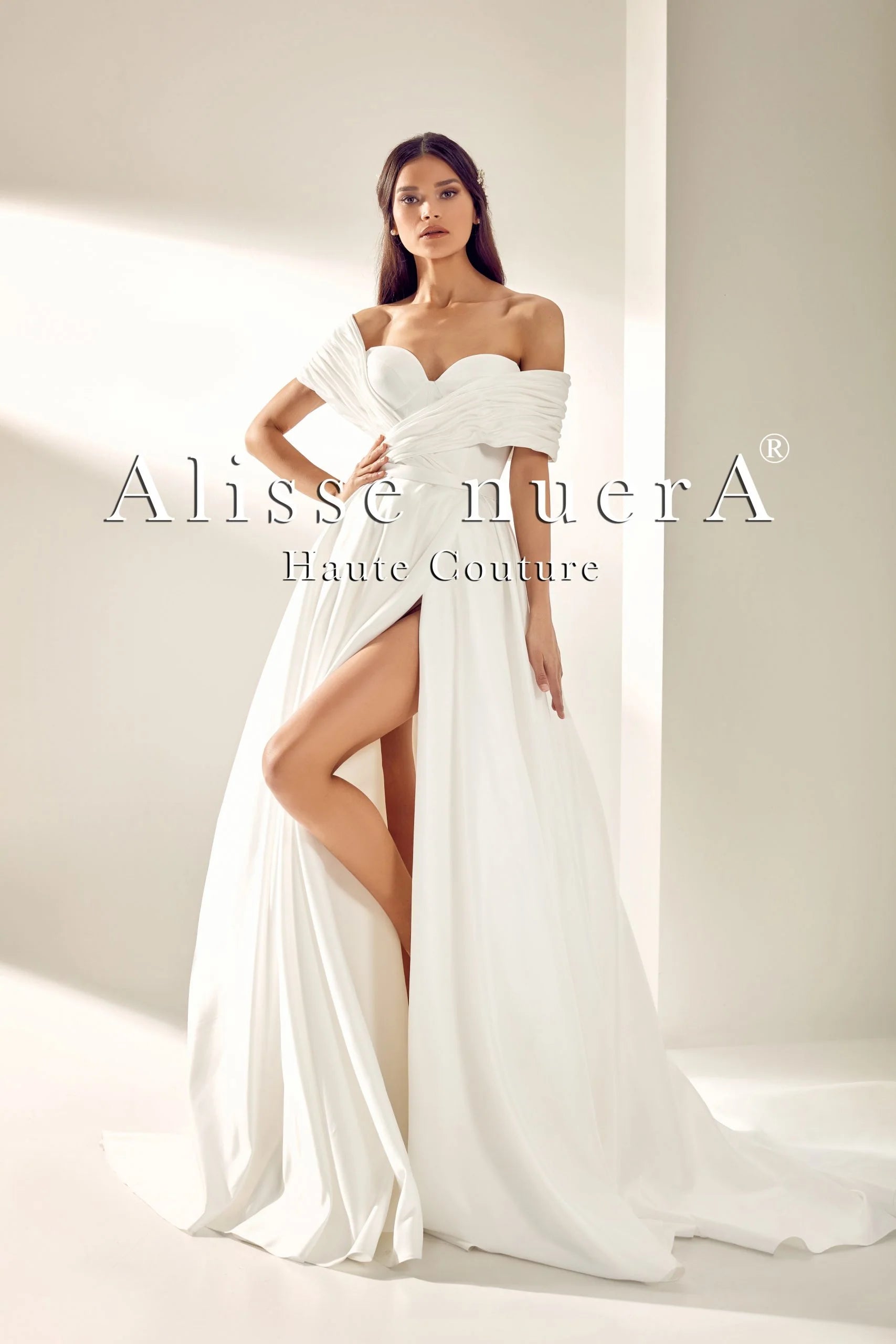 Wedding dress that makes you stand out now--Sweetheart Neckline Draped Over the Shoulder Satin Destination Wedding Dress with Leg Slit