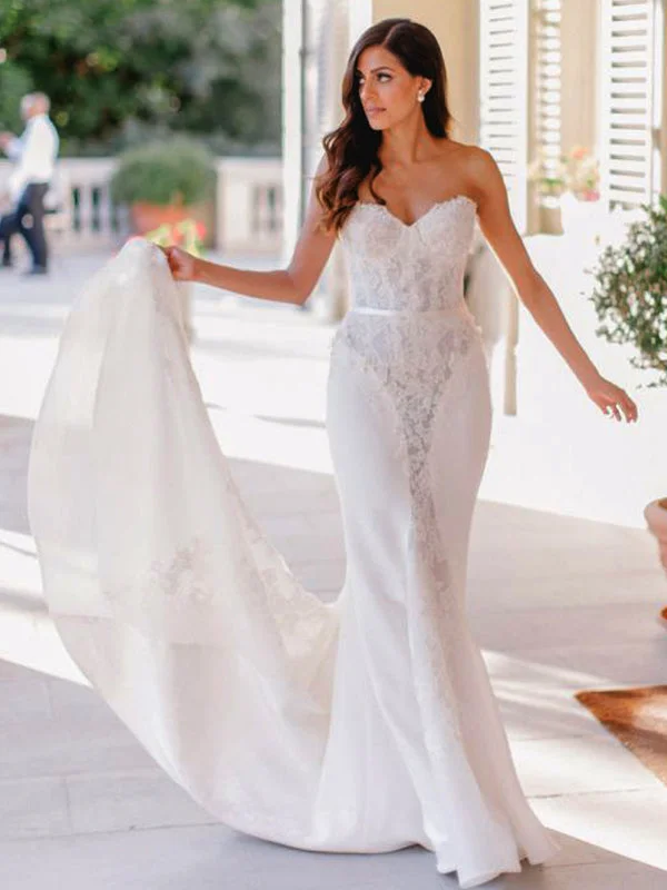 Wedding dress eco-friendly sustainable now--Sweetheart Strapless Lace Ivory Chiffon Mermiad Train Wedding Dresses , AB1531 Wedding dress eco-friendly sustainable now--Sweetheart Strapless Lace Ivory Chiffon Mermiad Train Wedding Dresses , AB1531