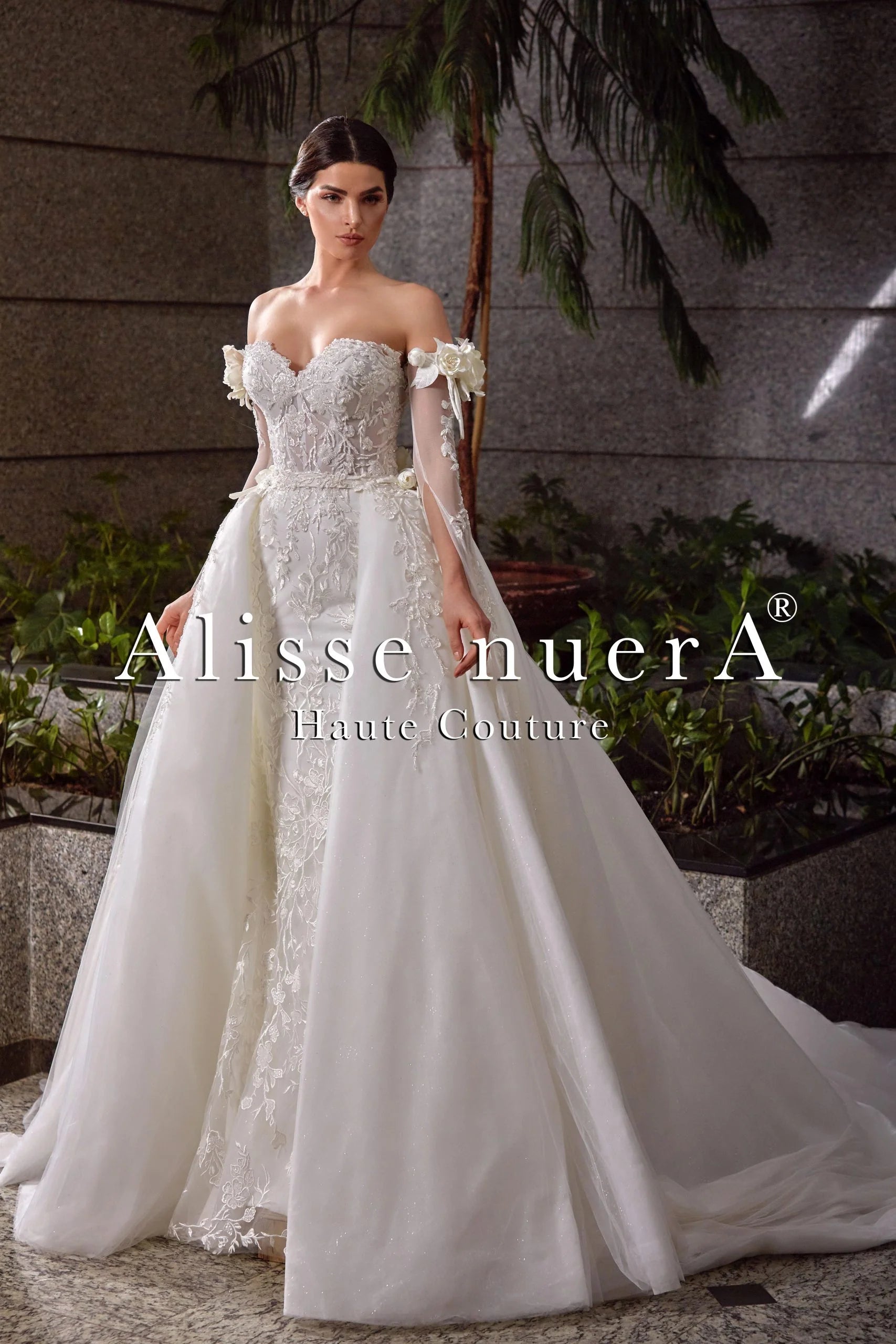 Wedding dress neon colors bold style hot--Sweetheart Strapless Sheath Bridal Dress with Detachable Overskirt Train and Sleeves