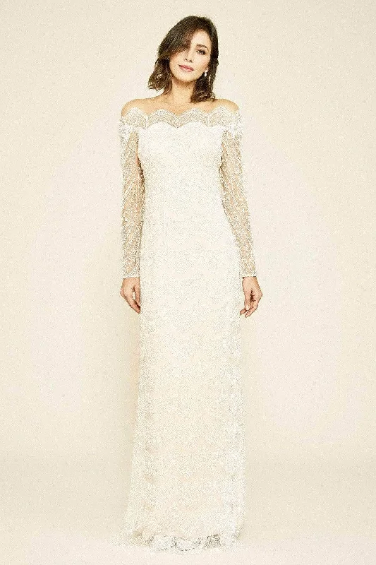 Wedding dress like old Hollywood glamour icon--Tadashi Shoji - Long-Sleeve Scalloped Long Gown