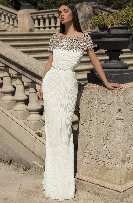 Wedding dress with sleeves for winter season--Tarik Ediz - 93863 Bateau Neck Bedazzled Pleated Long Gown Wedding dress with sleeves for winter season--Tarik Ediz - 93863 Bateau Neck Bedazzled Pleated Long Gown
