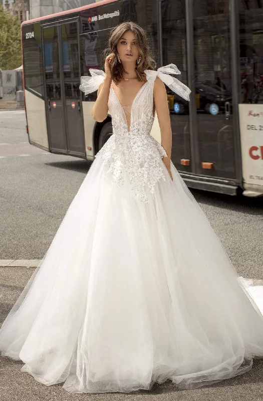 Dress for wedding elegant style timeless era--Tarik Ediz - 93927 Tie Sleeve Plunging Tulle A-line Gown