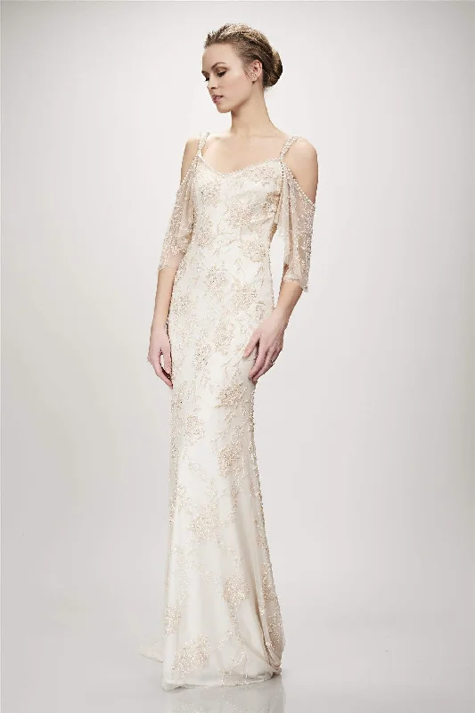Dress for wedding fall season rustic chic--Theia - Draped Sleeve Illusion Beaded Sheath Gown 890425SC Dress for wedding fall season rustic chic--Theia - Draped Sleeve Illusion Beaded Sheath Gown 890425SC