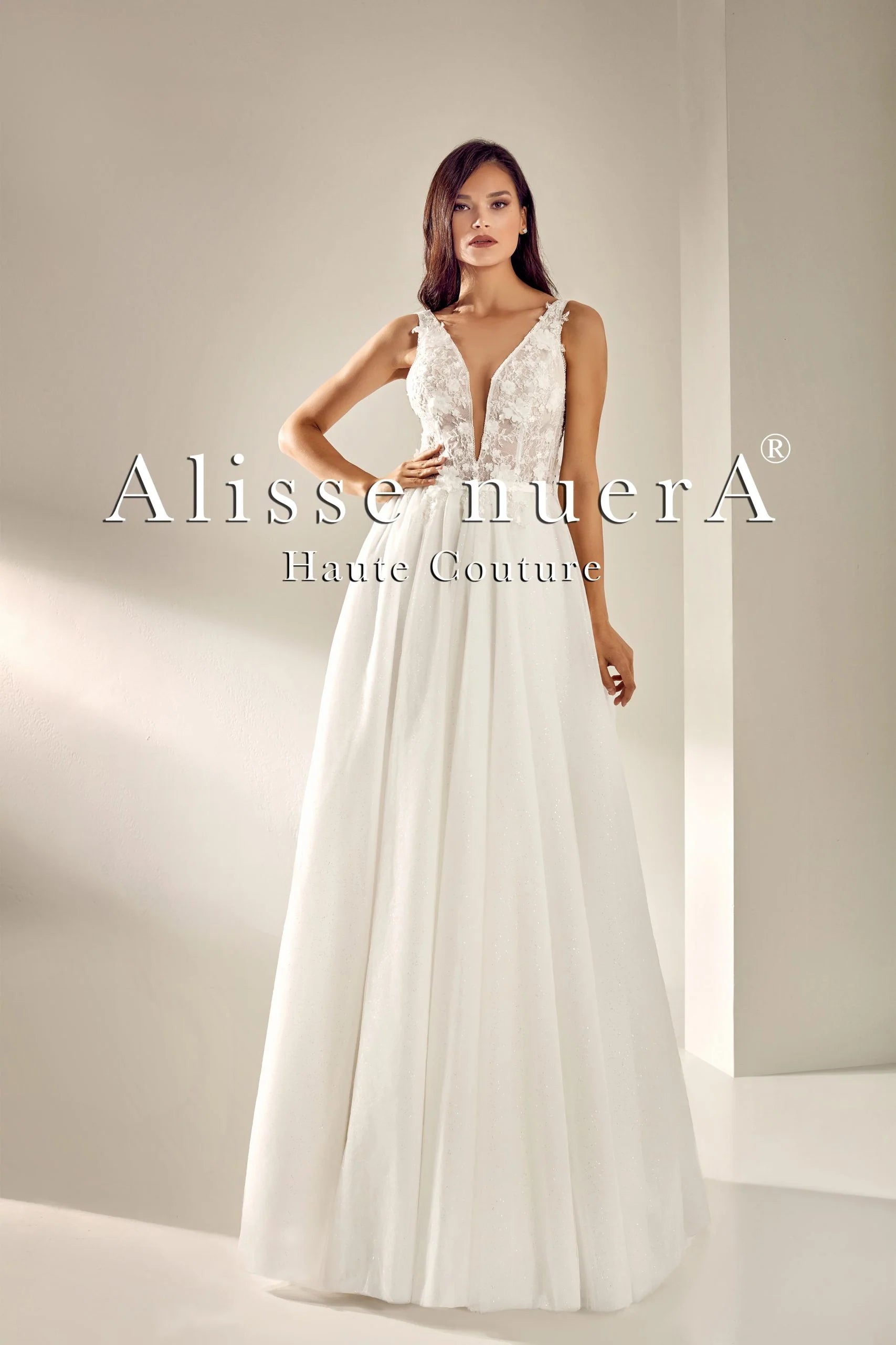 Wedding dress for a garden wedding theme--Flower Detailed V Back Bridal Dress with Detachable Bow Shoulder Accessories