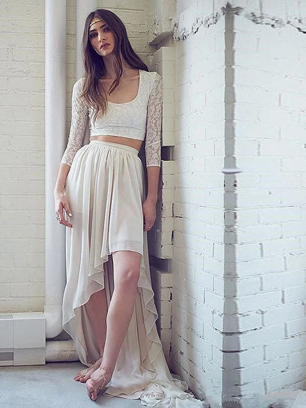 Wedding dress metallic shades glam look wow--Two Piece Ivory Lace Chiffon High Low Boho Beach Wedding Dresses , AB1534 Wedding dress metallic shades glam look wow--Two Piece Ivory Lace Chiffon High Low Boho Beach Wedding Dresses , AB1534