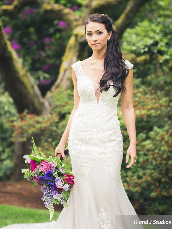 Wedding dress spaghetti straps simple--V-Deep Neckline Mermaid Gown (#Tandi)