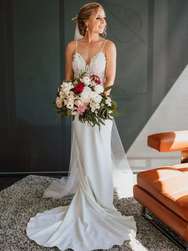 Dress for wedding spring season garden look--Vintage Lace Top Spaghetti Strap Backless Mermaid Train Wedding Dresses, AB1565 Dress for wedding spring season garden look--Vintage Lace Top Spaghetti Strap Backless Mermaid Train Wedding Dresses, AB1565