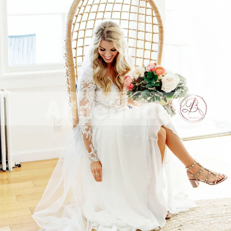 Wedding dress pear shape body type great--Vintage See-through Lace Long Sleeves Simple Chiffon Wedding Dresses, AB1146 Wedding dress pear shape body type great--Vintage See-through Lace Long Sleeves Simple Chiffon Wedding Dresses, AB1146