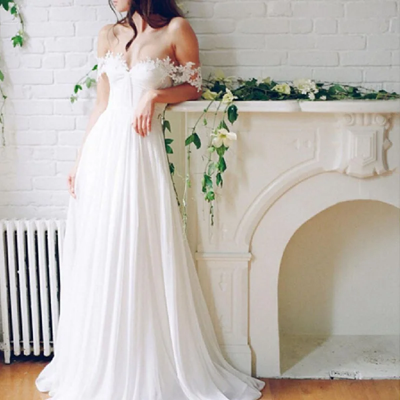 Wedding dress in lace for beach wedding look--Popular Off Shoulder Long A-line White Chiffon Sexy Lace Wedding Dresses, WD0138 Wedding dress in lace for beach wedding look--Popular Off Shoulder Long A-line White Chiffon Sexy Lace Wedding Dresses, WD0138