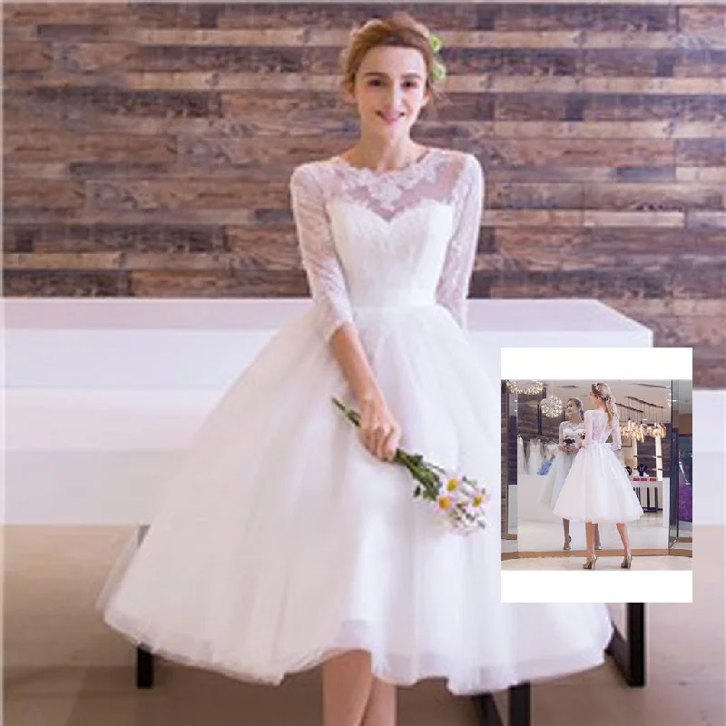 Dress for wedding themed event costume fun--Cute Short White Lace Round Neck Half Sleeve See Through Tulle Wedding Dresses, WD0145