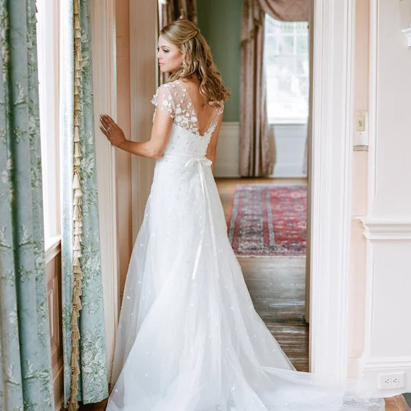 Wedding dress: hair and makeup style--See Through Neck Cap Sleeve Charming Applique Bead Tulle A-line Wedding Dresses, WD0146 Wedding dress: hair and makeup style--See Through Neck Cap Sleeve Charming Applique Bead Tulle A-line Wedding Dresses, WD0146