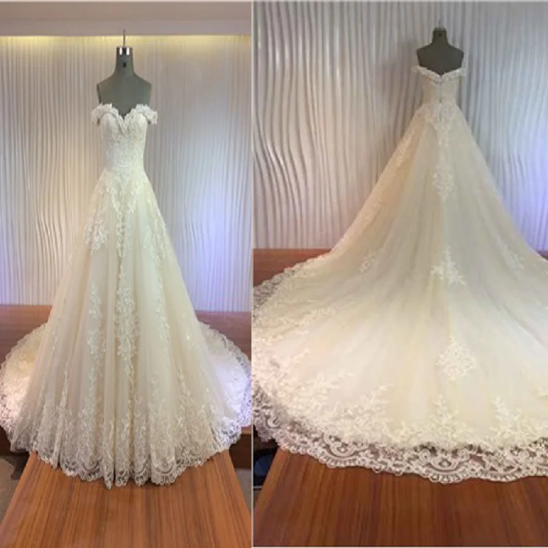 Dress for wedding chic style effortless vibe--Gorgeous Off Shoulder Sweetheart Zip Up Long A-line Lace Wedding Dresses, WD0148 Dress for wedding chic style effortless vibe--Gorgeous Off Shoulder Sweetheart Zip Up Long A-line Lace Wedding Dresses, WD0148