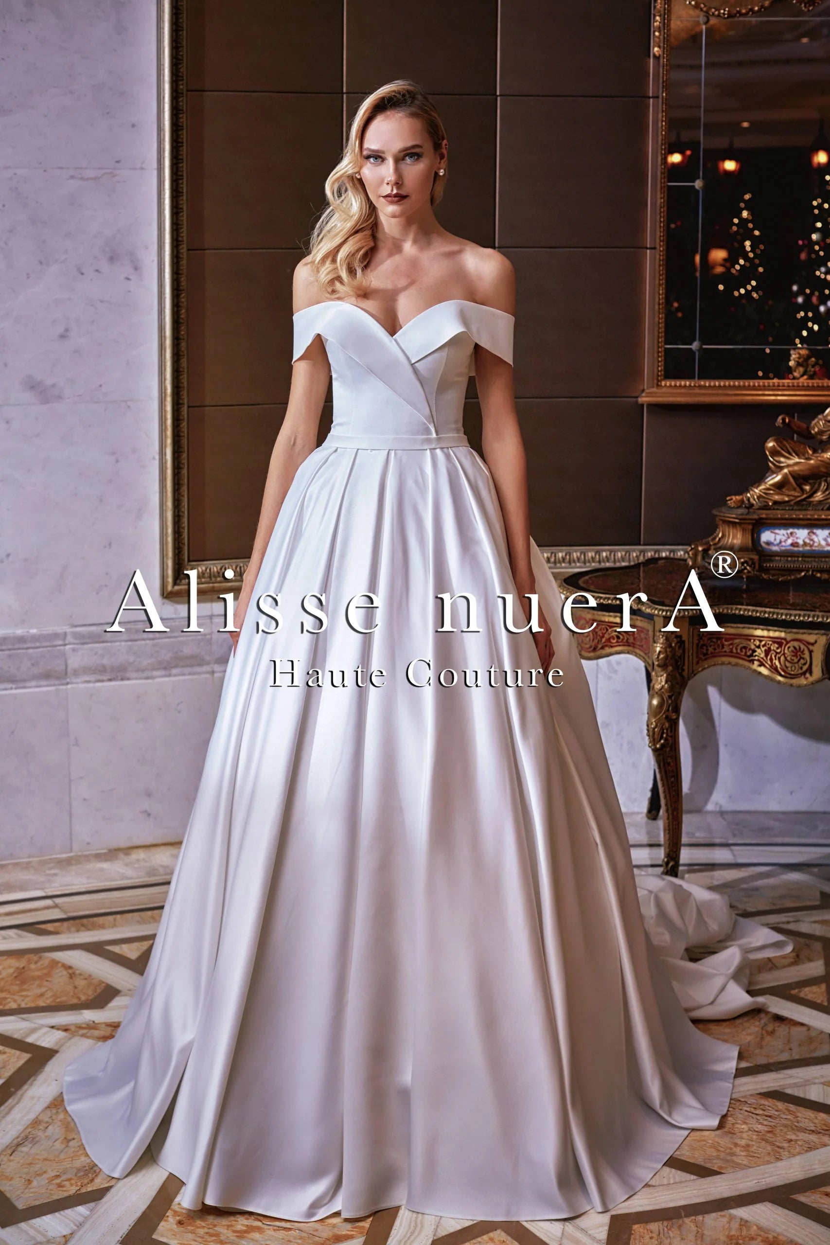 Wedding dress with lace accents elegant vibe--Winter White Satin A Line Cut Bridal Dress